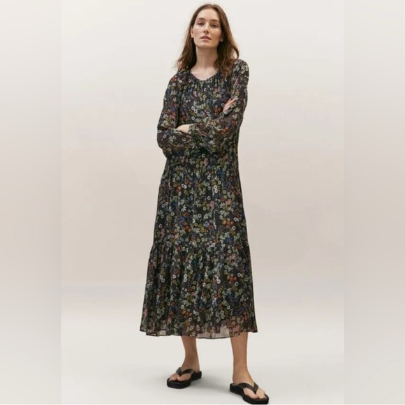 Massimo Dutti Black Floral Long Sleeve Maxi Dress - Picture 1 of 13